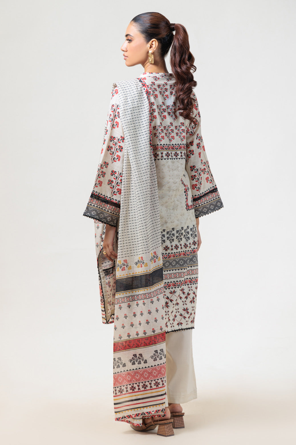 Digital Printed Textured Cambric Beige Stitched Suit - Bonanza