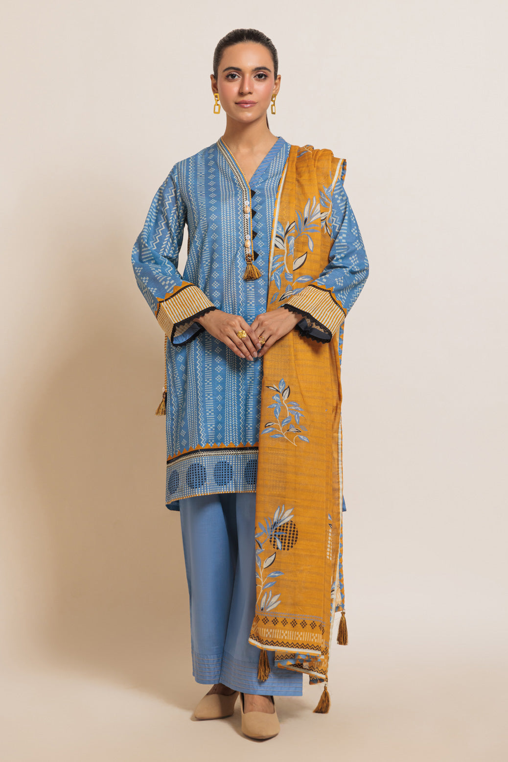 Printed Textured Cambric Blue Stitched Suit - Bonanza