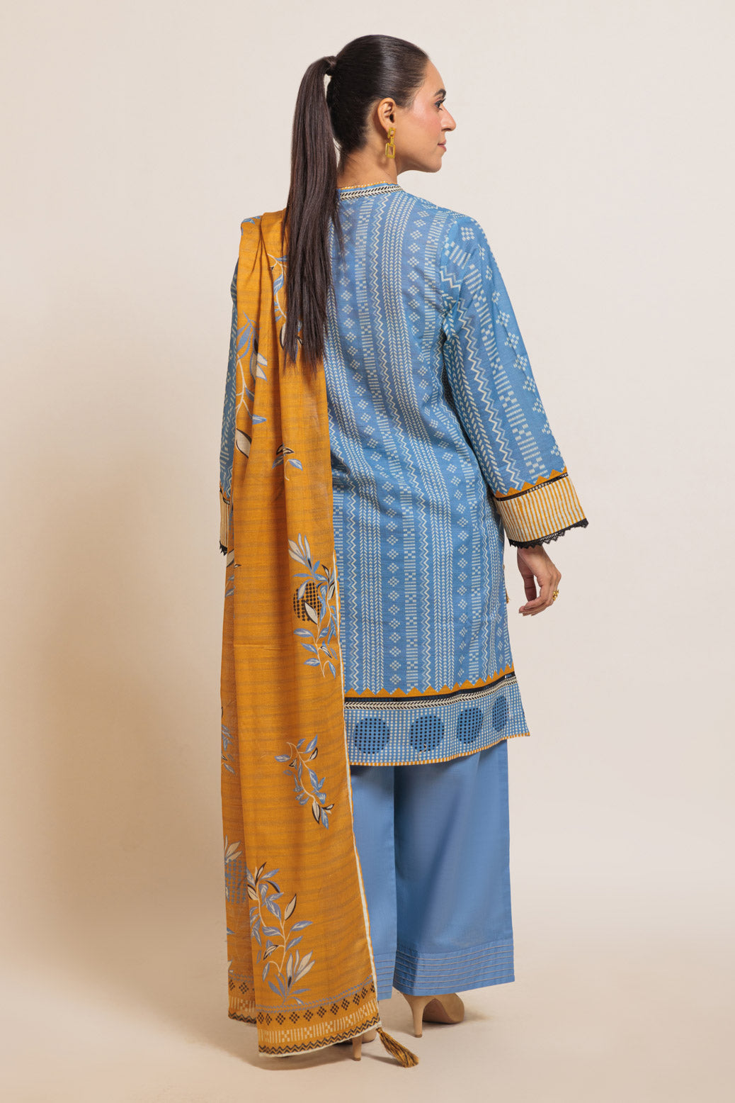 Printed Textured Cambric Blue Stitched Suit - Bonanza