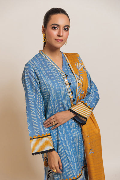 Printed Textured Cambric Blue Stitched Suit - Bonanza