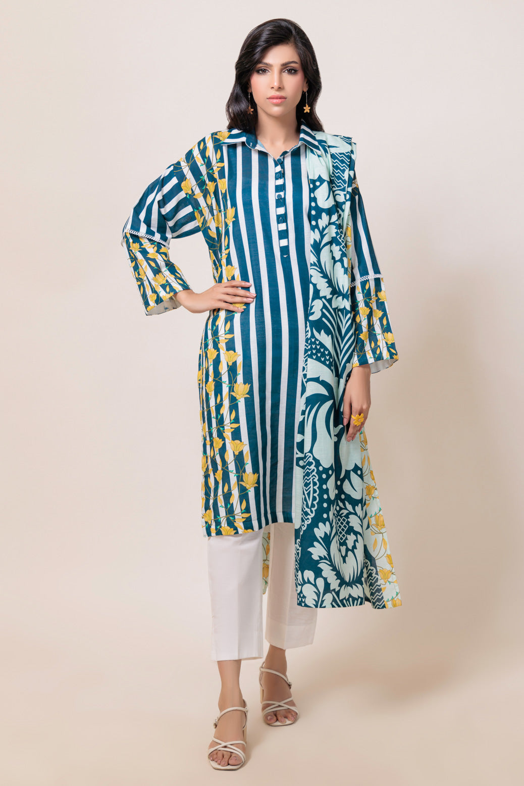 Printed Light Weight Blue & White Stitched Suit - Bonanza