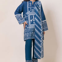 Printed Textured Cambric Blue Stitched Suit - Bonanza