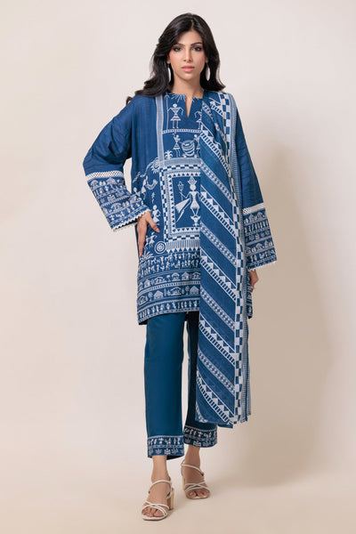 Printed Textured Cambric Blue Stitched Suit - Bonanza