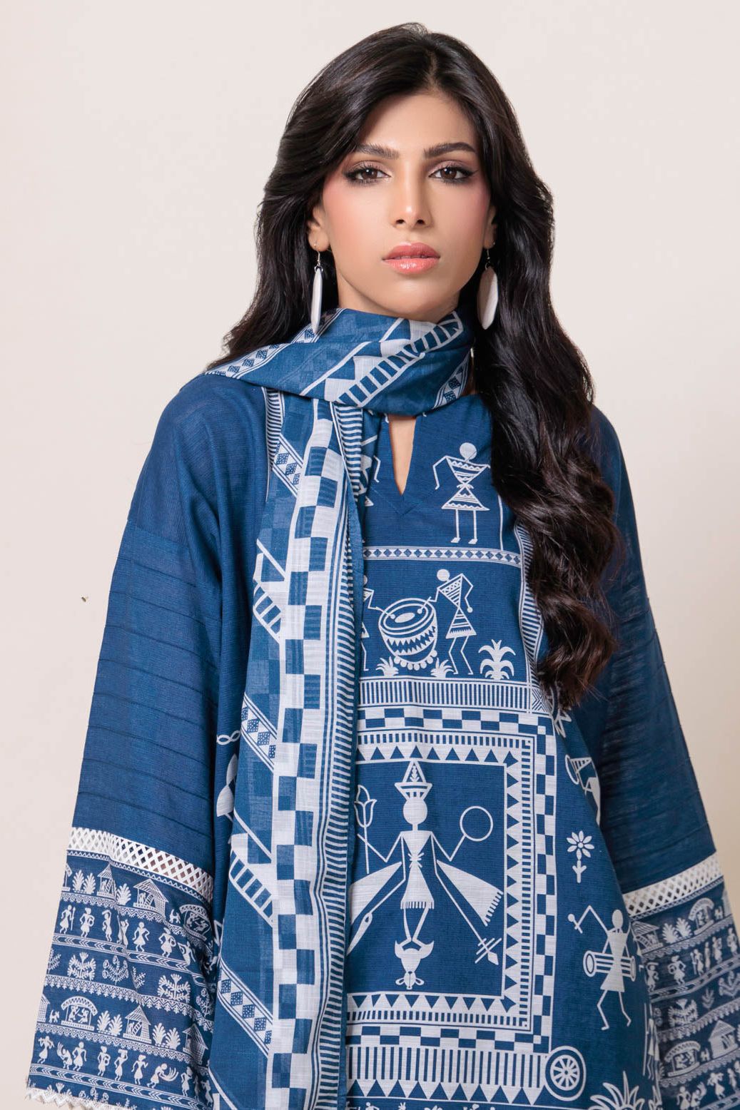 Printed Textured Cambric Blue Stitched Suit - Bonanza