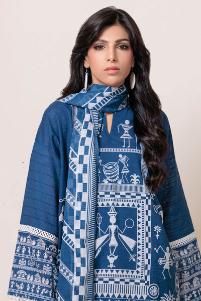 Printed Textured Cambric Blue Stitched Suit - Bonanza