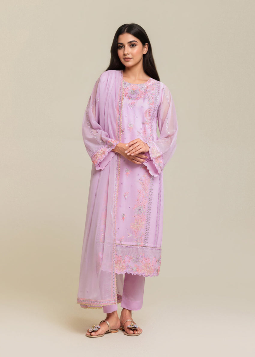 Chiffon Lilac Stitched Suit - Bonanza