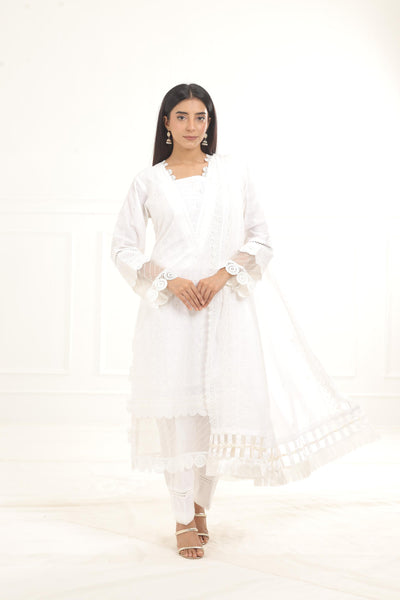 Embroidered Chikankari Off White Stitched Suit - Zellbury