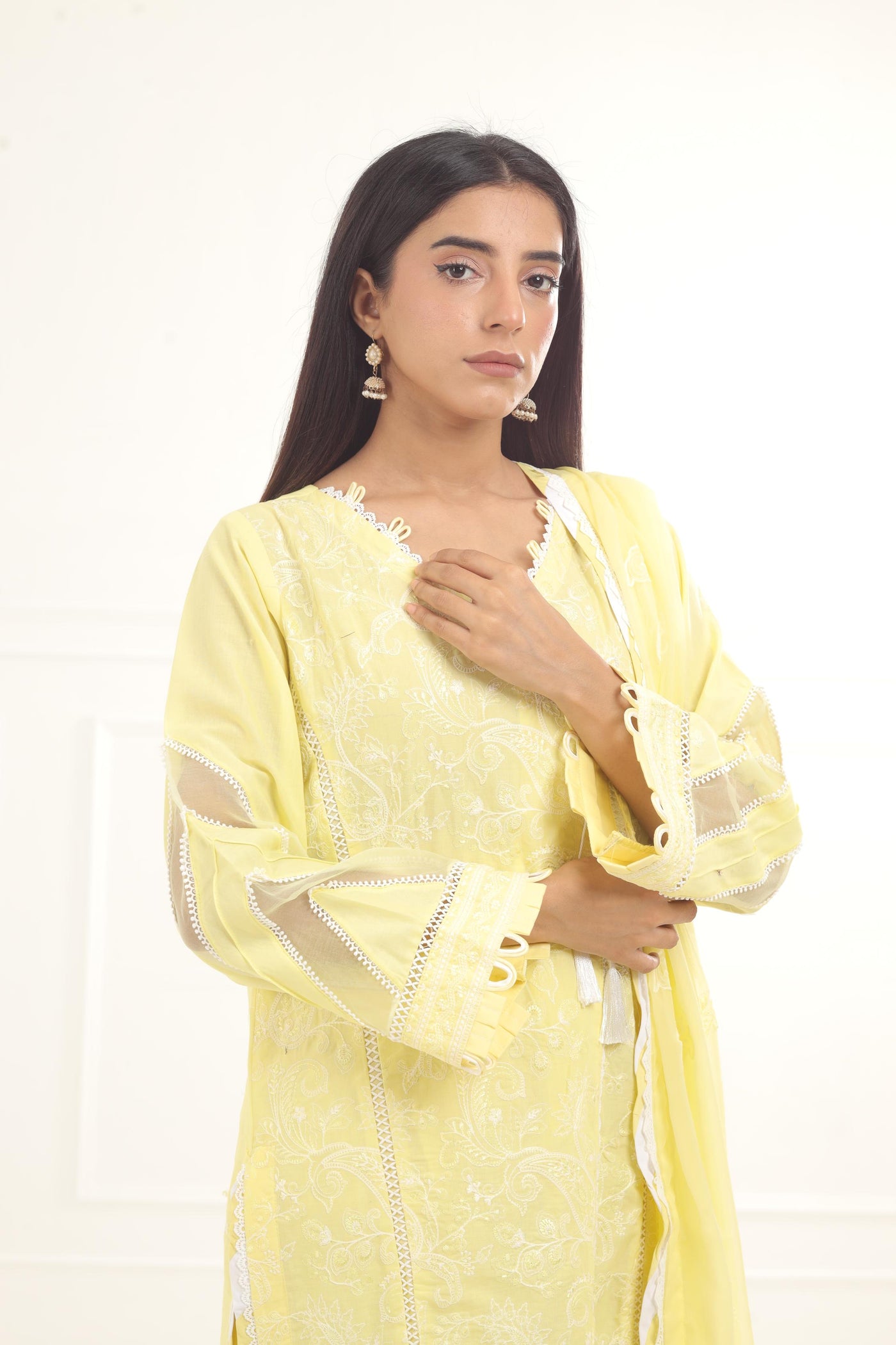 Embroidered Chikankari Yellow Stitched Suit - Zellbury