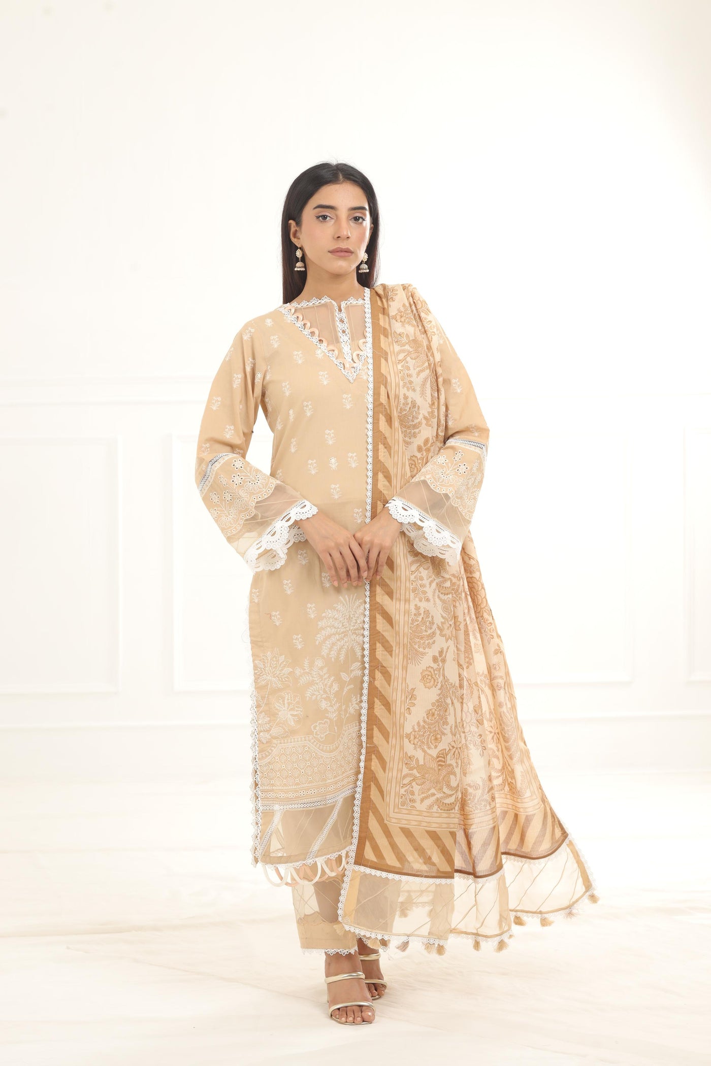 Embroidered Chikankari Beige Stitched Suit - Zellbury