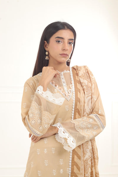 Embroidered Chikankari Beige Stitched Suit - Zellbury