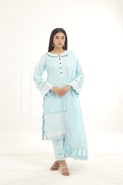 Embroidered Chikankari Sky Blue Stitched Suit - Zellbury