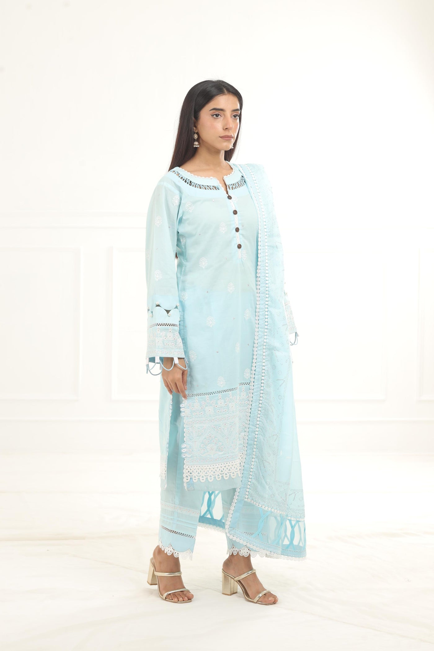 Embroidered Chikankari Sky Blue Stitched Suit - Zellbury