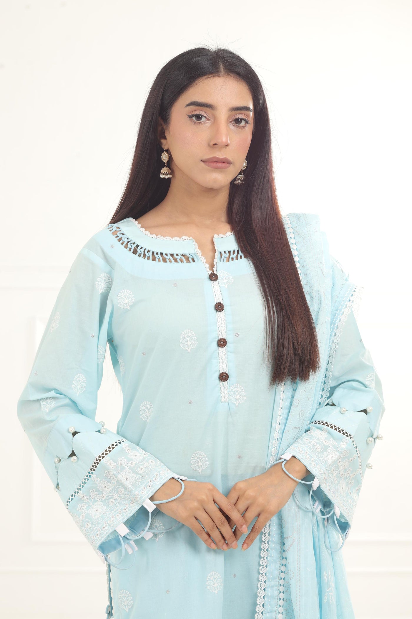 Embroidered Chikankari Sky Blue Stitched Suit - Zellbury