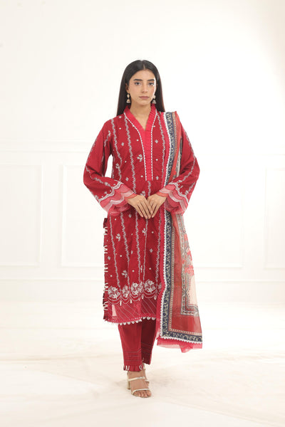 Embroidered Chikankari Red Stitched Suit - Zellbury