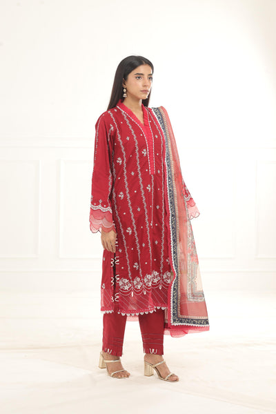 Embroidered Chikankari Red Stitched Suit - Zellbury