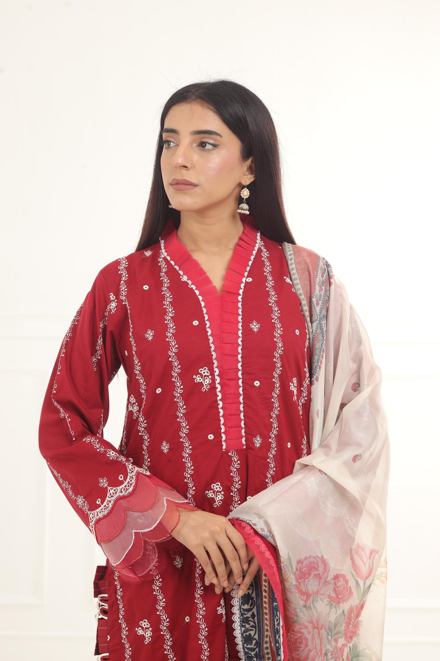 Embroidered Chikankari Red Stitched Suit - Zellbury