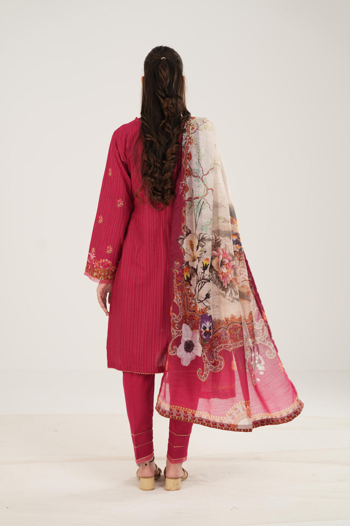 Lawn Red Stitched Suit - Zellbury