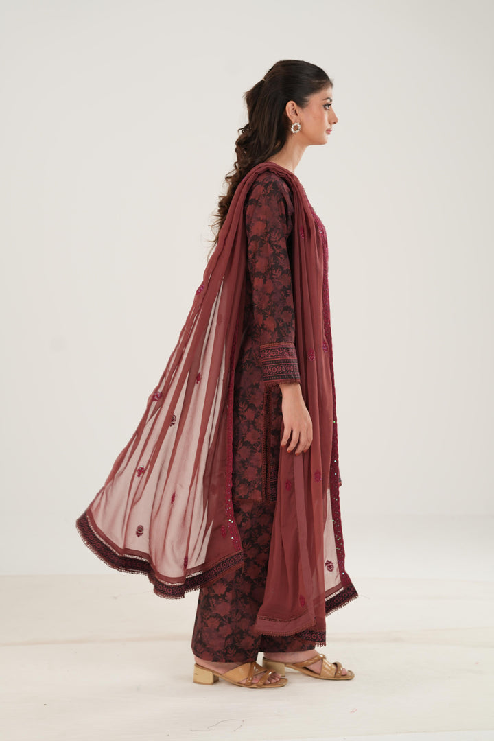 Lawn Maroon Stitched Suit - Zellbury