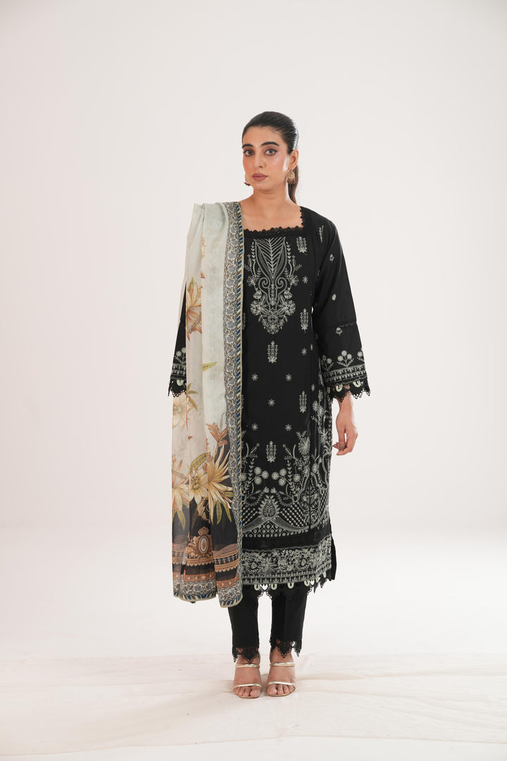 Embroidered Lawn Black Stitched Suit - Zellbury