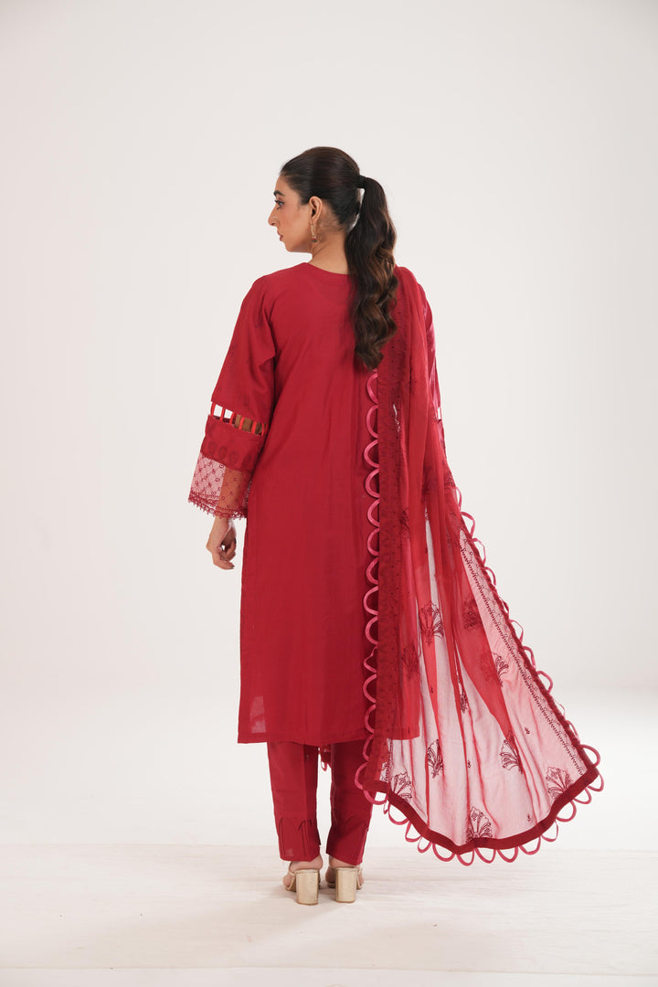 Embroidered Lawn Red Stitched Suit - Zellbury