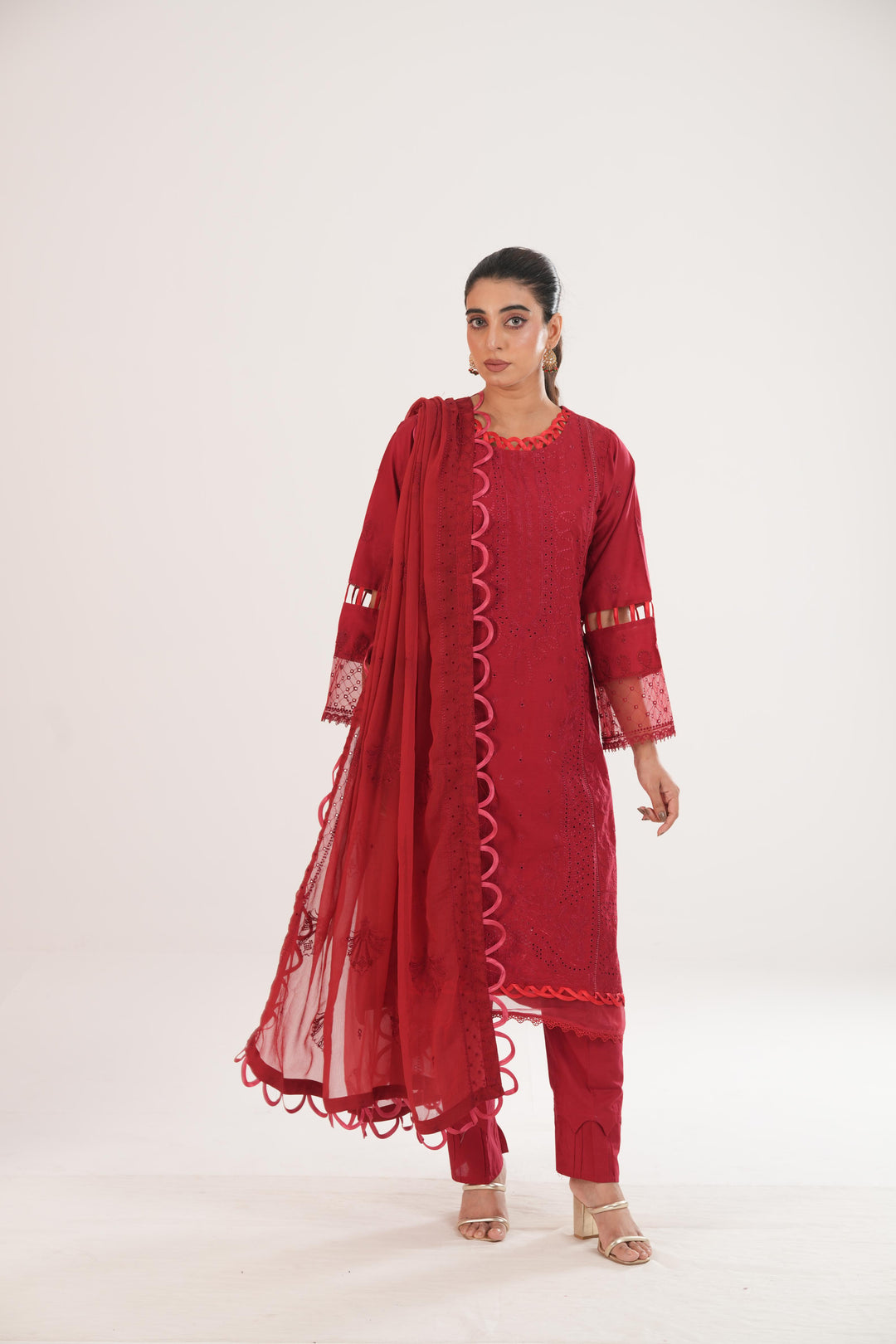 Embroidered Lawn Red Stitched Suit - Zellbury