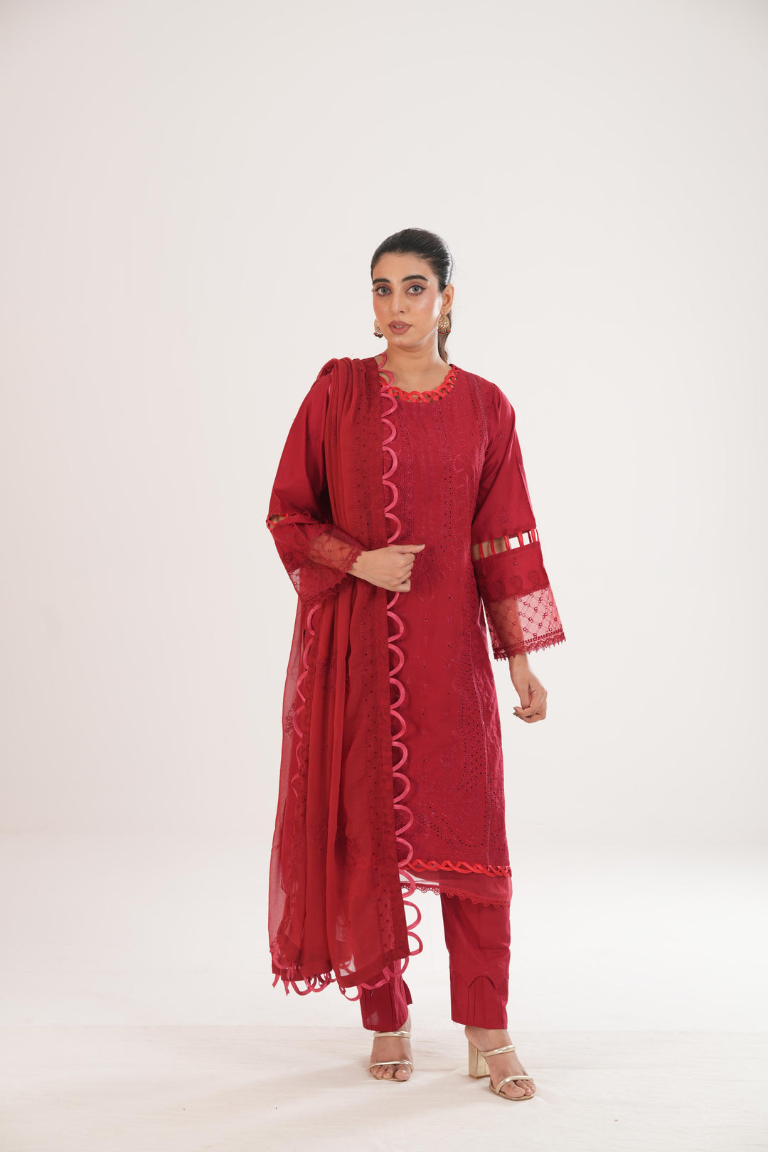 Embroidered Lawn Red Stitched Suit - Zellbury