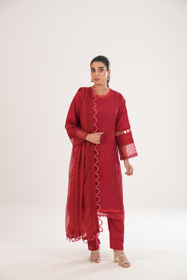 Embroidered Lawn Red Stitched Suit - Zellbury