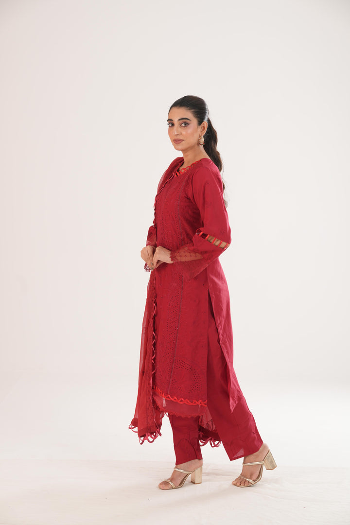 Embroidered Lawn Red Stitched Suit - Zellbury