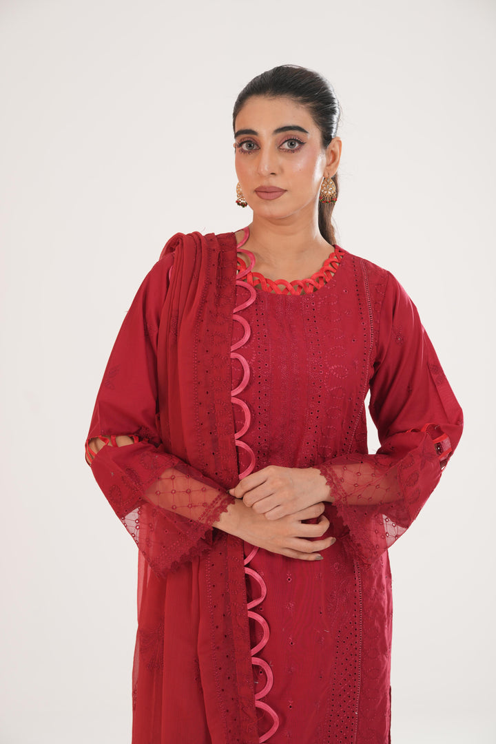 Embroidered Lawn Red Stitched Suit - Zellbury
