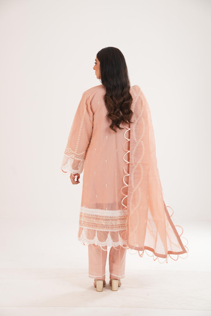 Embroidered Lawn Peach Stitched Suit - Zellbury