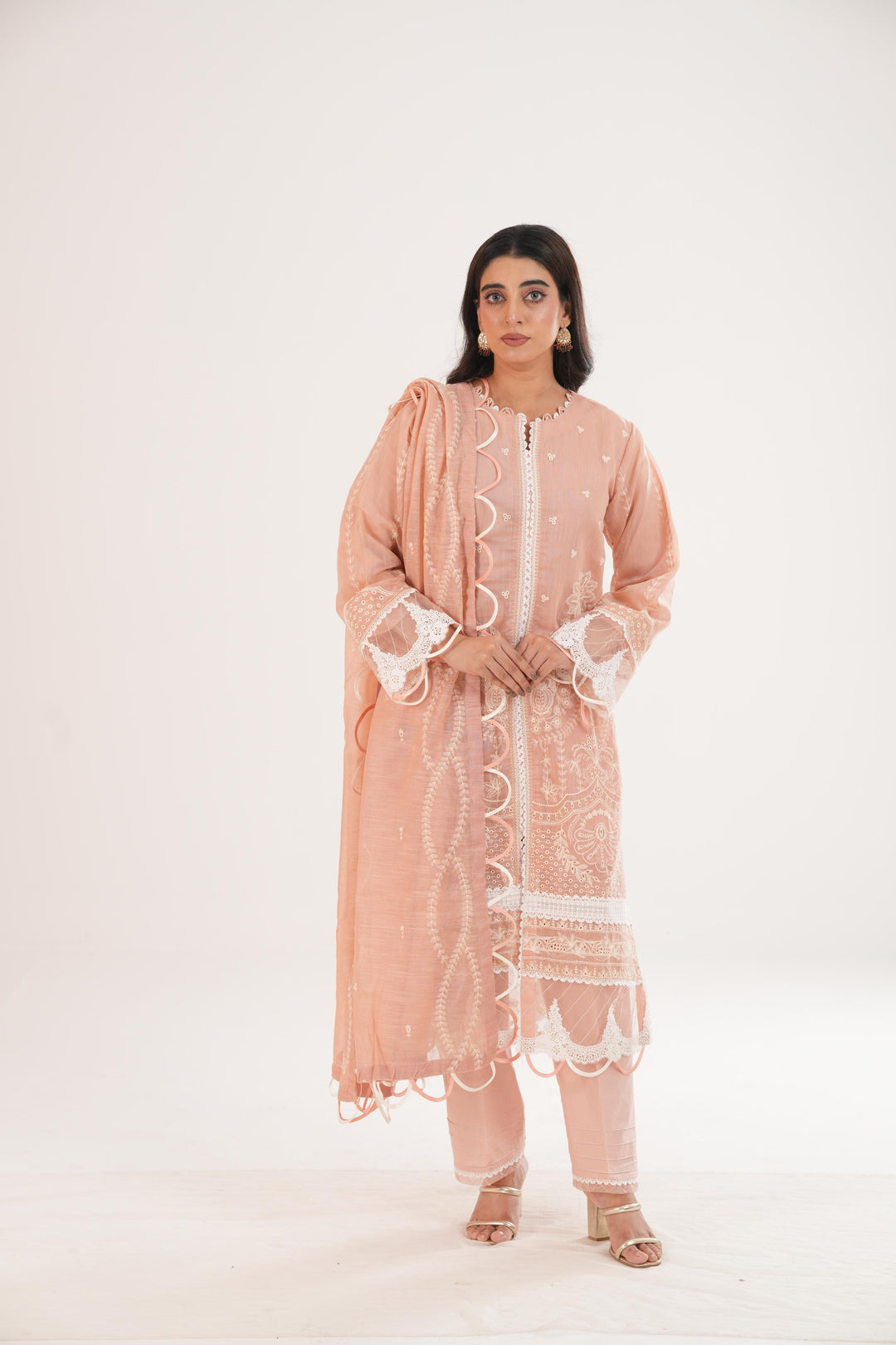 Embroidered Lawn Peach Stitched Suit - Zellbury
