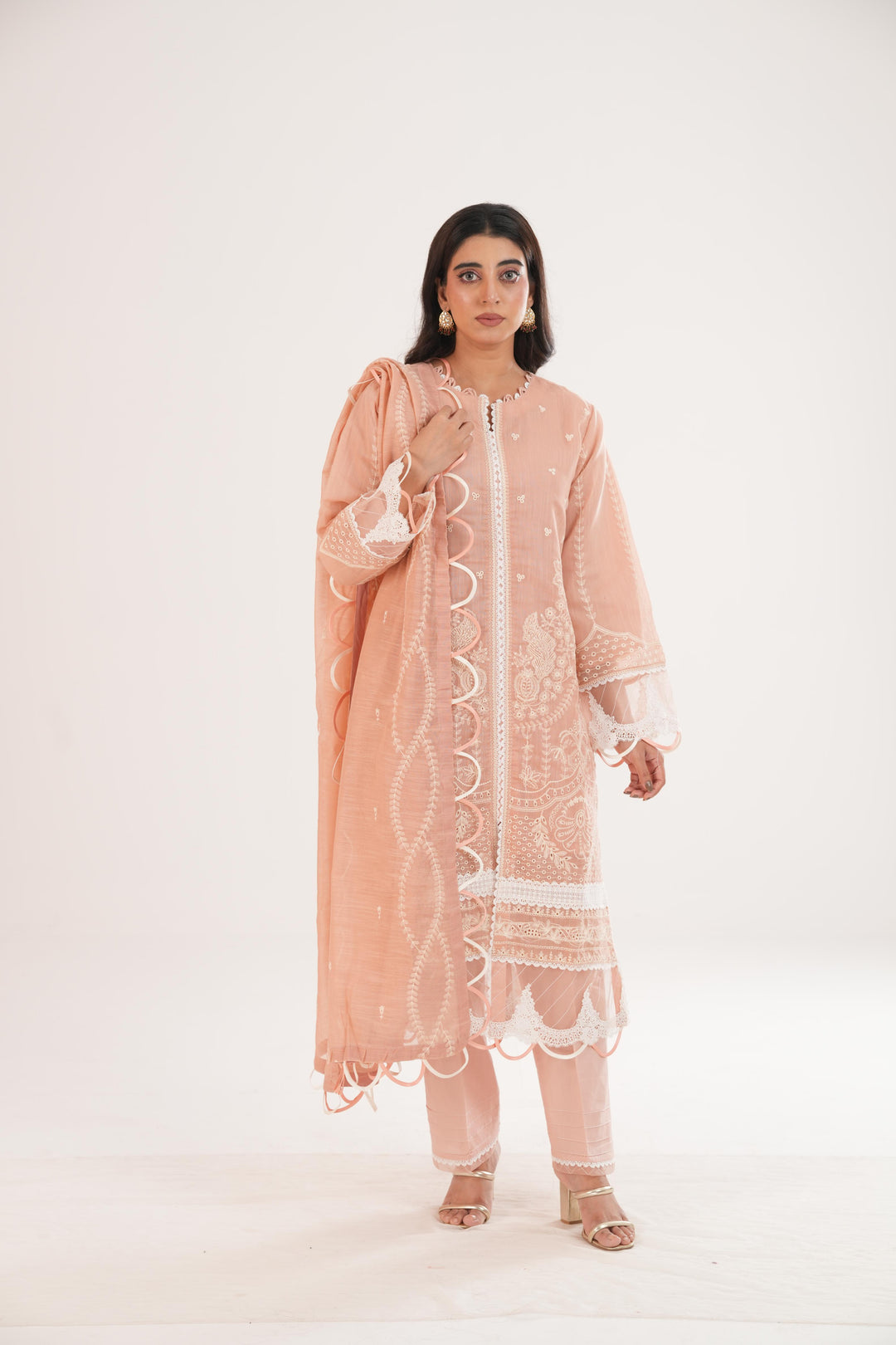 Embroidered Lawn Peach Stitched Suit - Zellbury