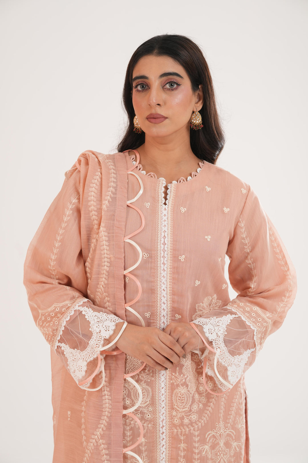 Embroidered Lawn Peach Stitched Suit - Zellbury