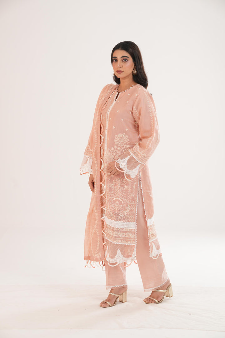 Embroidered Lawn Peach Stitched Suit - Zellbury