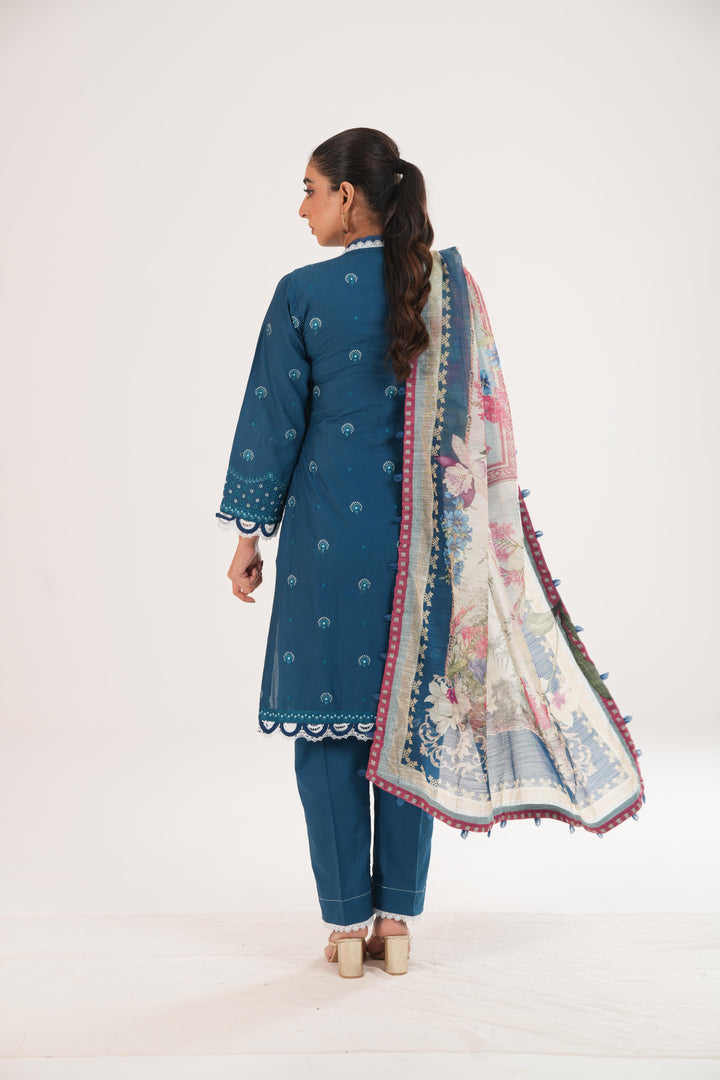 Embroidered Lawn Teal Blue Stitched Suit - Zellbury