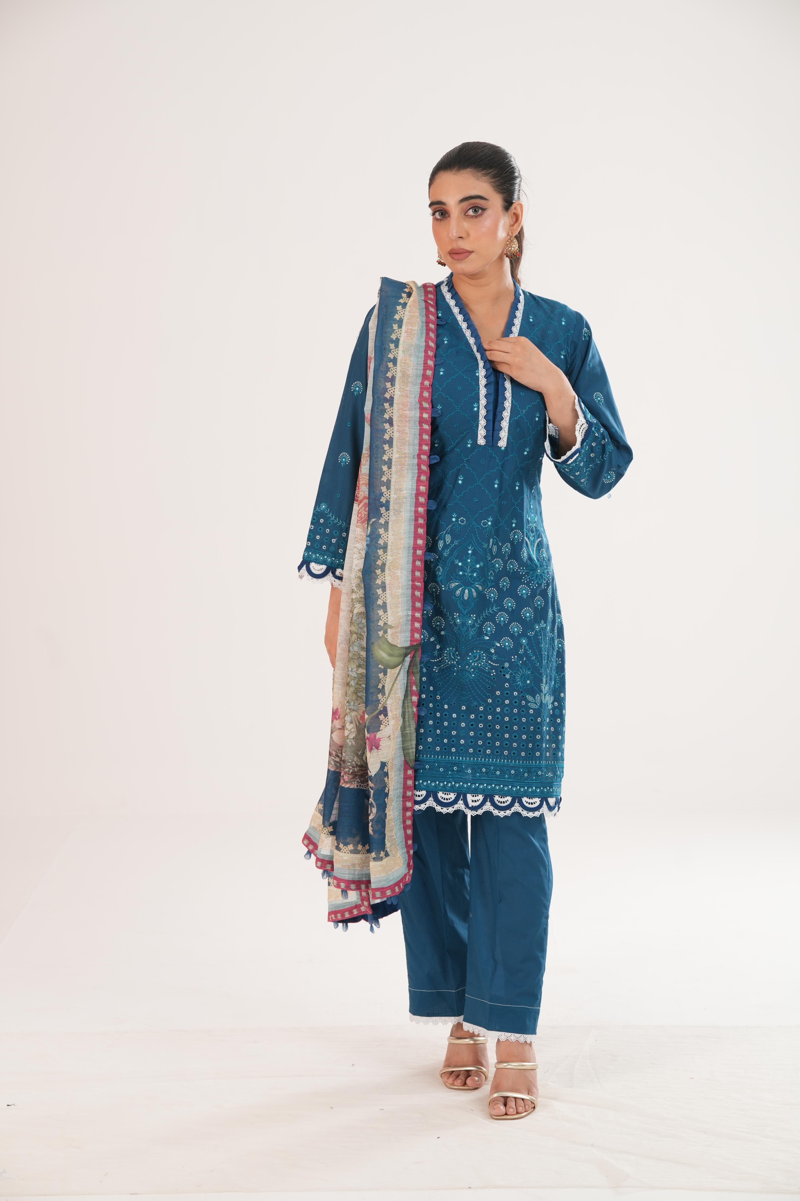 Embroidered Lawn Teal Blue Stitched Suit - Zellbury – Janan