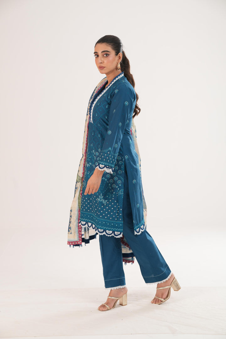 Embroidered Lawn Teal Blue Stitched Suit - Zellbury