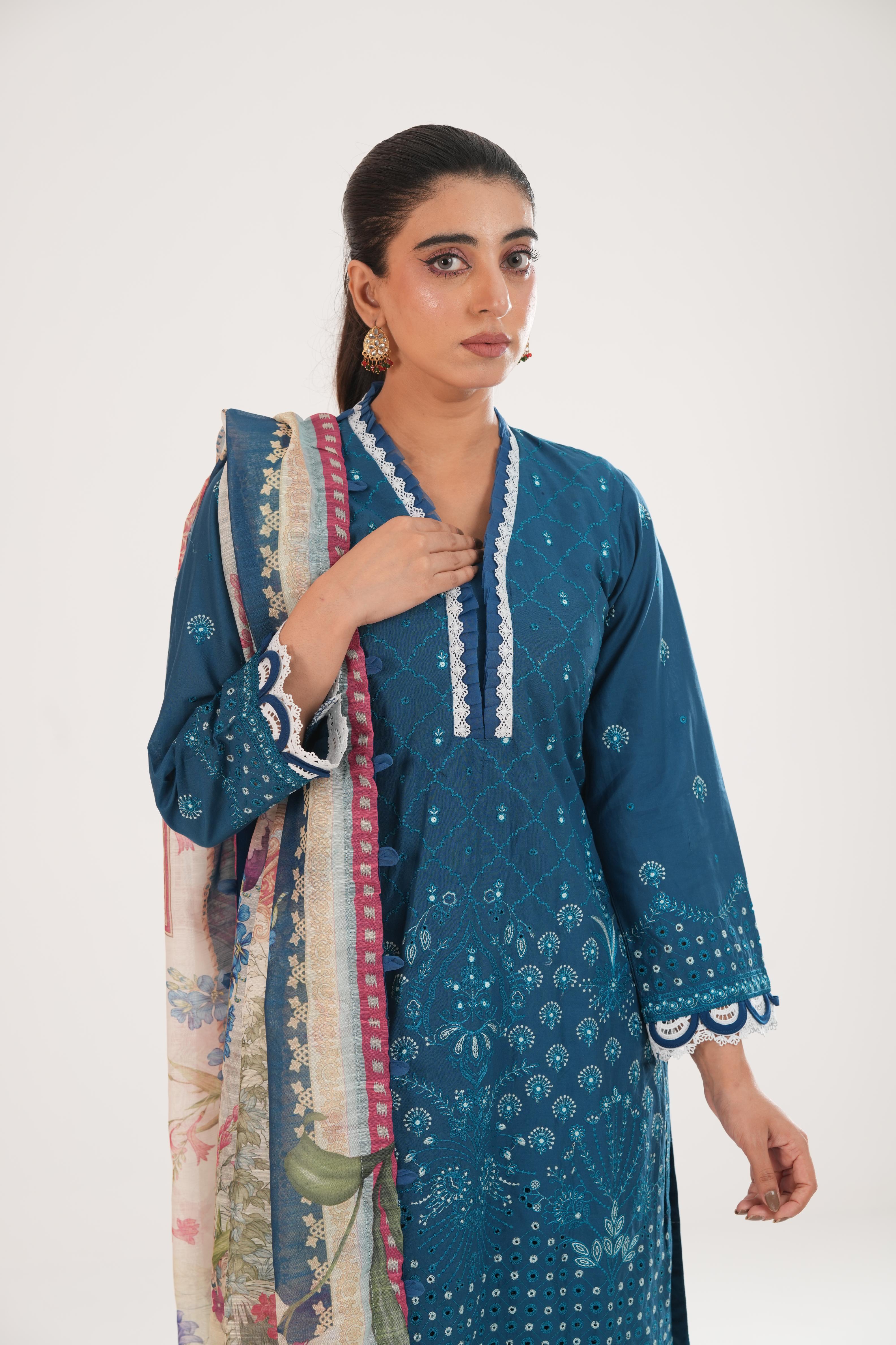 Embroidered Lawn Teal Blue Stitched Suit - Zellbury – Janan