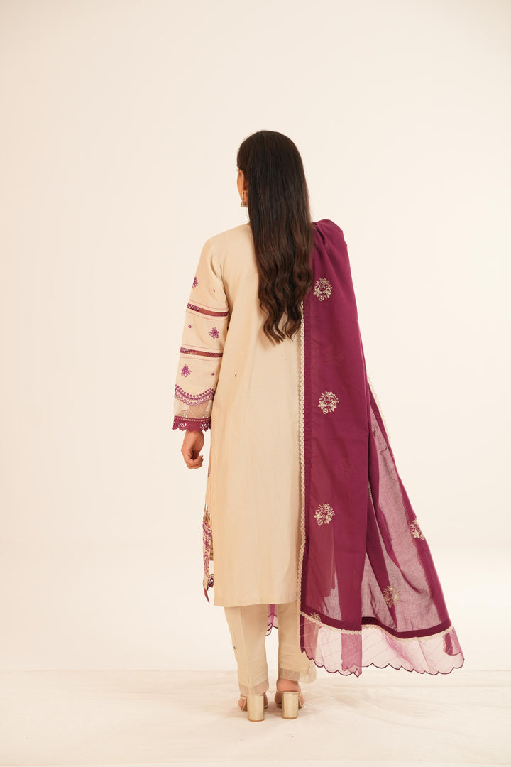 Embroidered Lawn Beige Stitched Suit - Zellbury