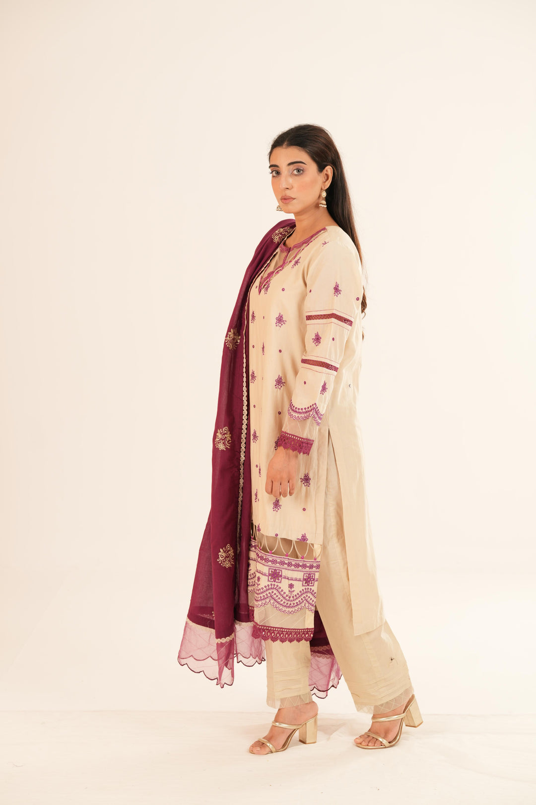 Embroidered Lawn Beige Stitched Suit - Zellbury