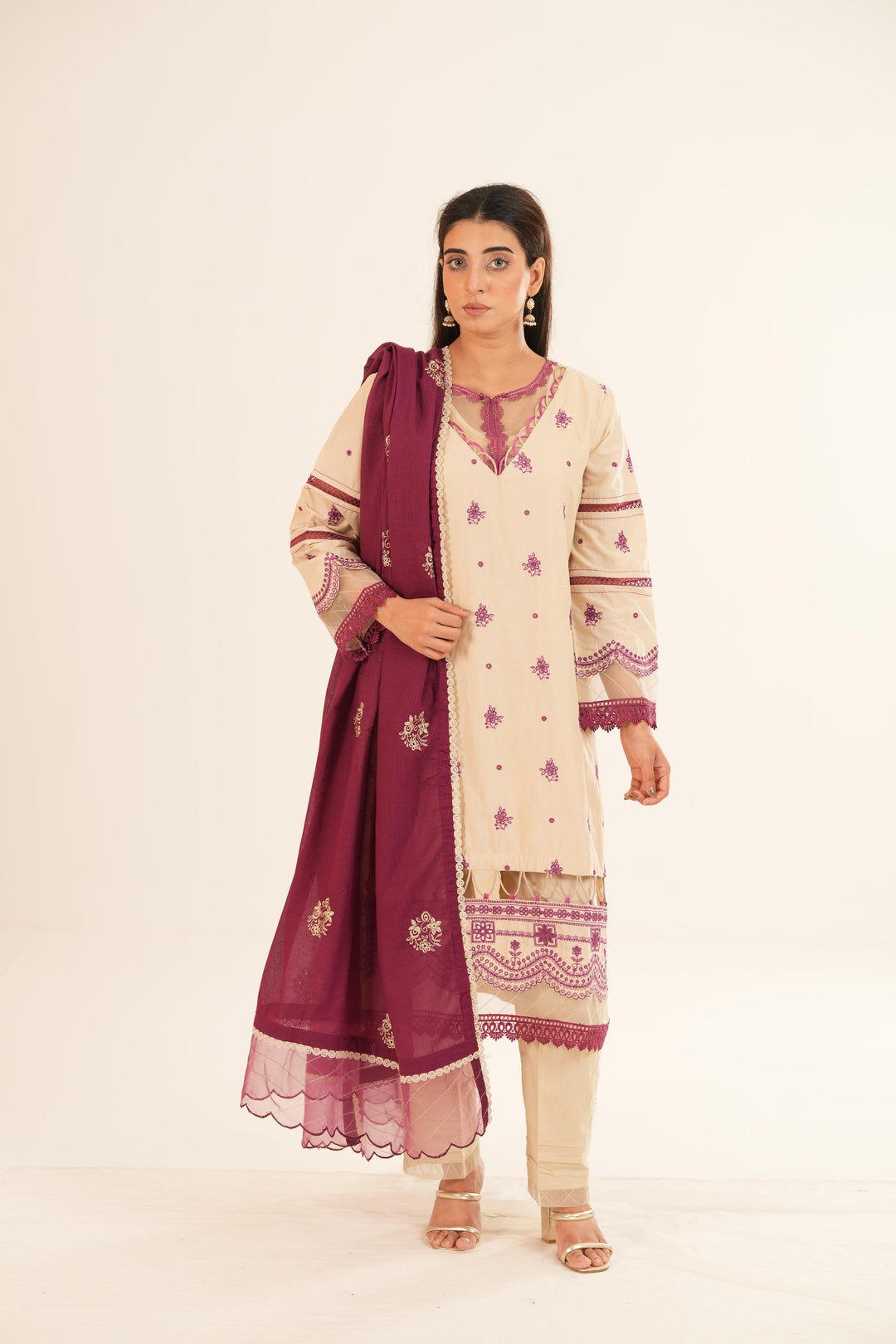 Embroidered Lawn Beige Stitched Suit - Zellbury