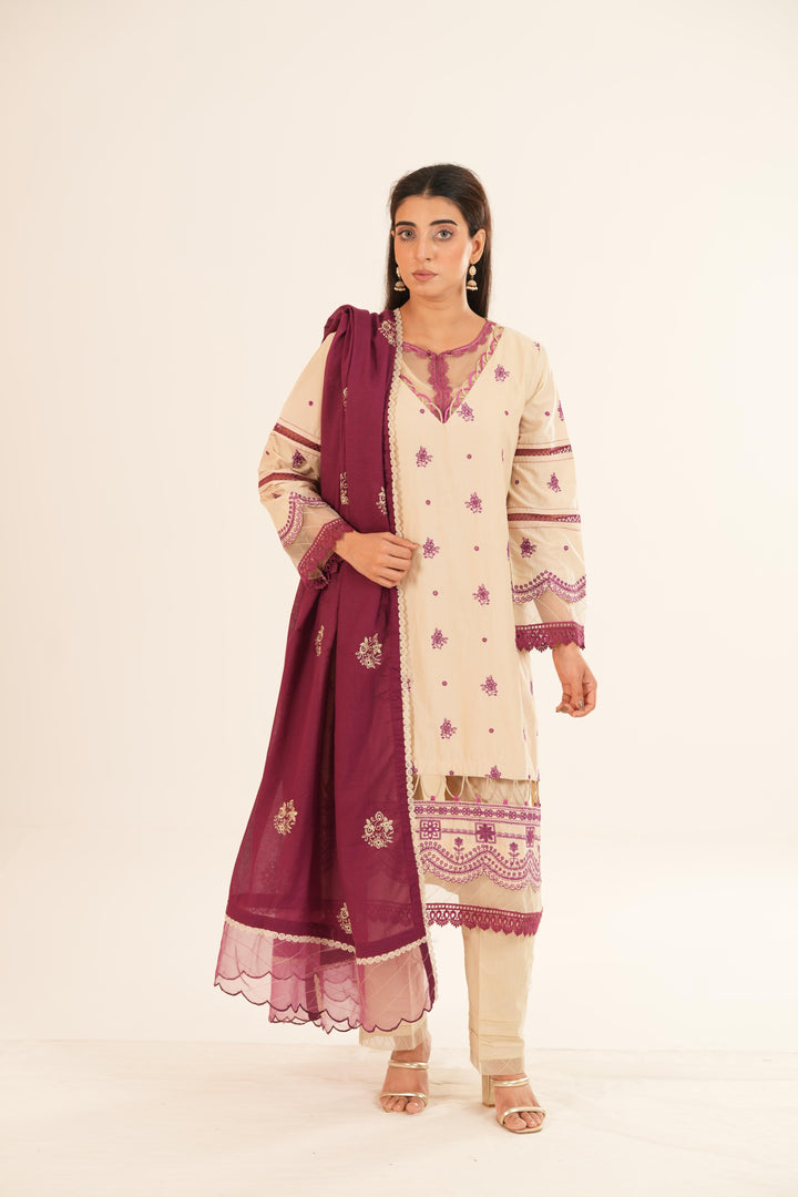 Embroidered Lawn Beige Stitched Suit - Zellbury