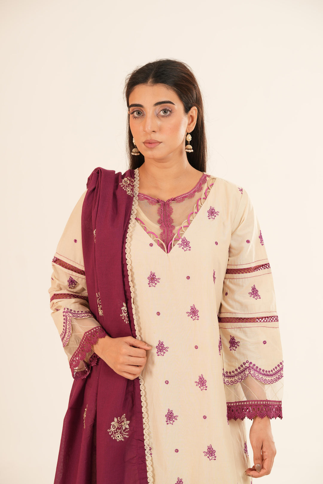 Embroidered Lawn Beige Stitched Suit - Zellbury
