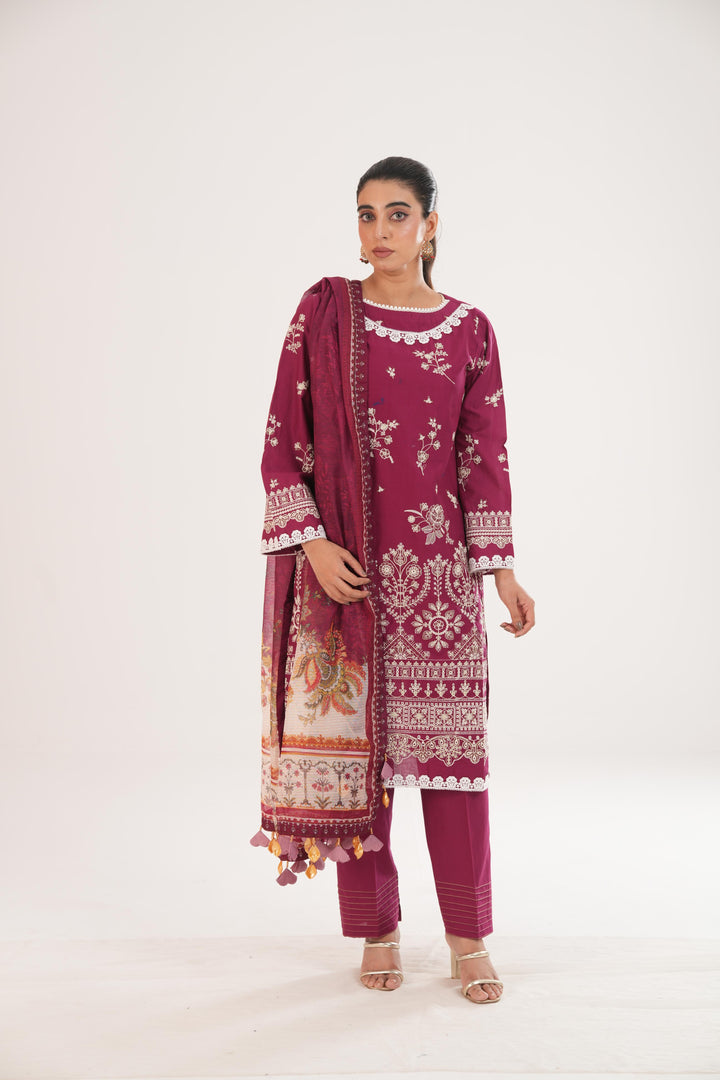 Embroidered Lawn Magenta Stitched Suit - Zellbury