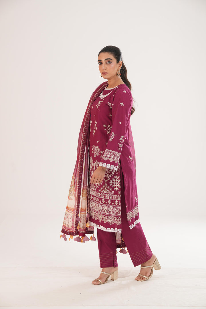 Embroidered Lawn Magenta Stitched Suit - Zellbury