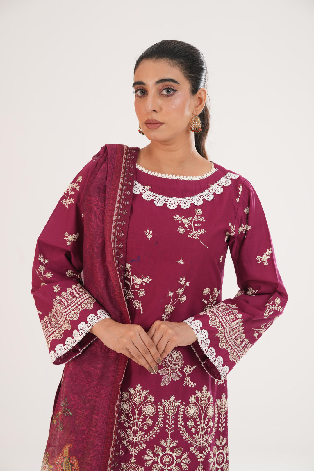 Embroidered Lawn Magenta Stitched Suit - Zellbury