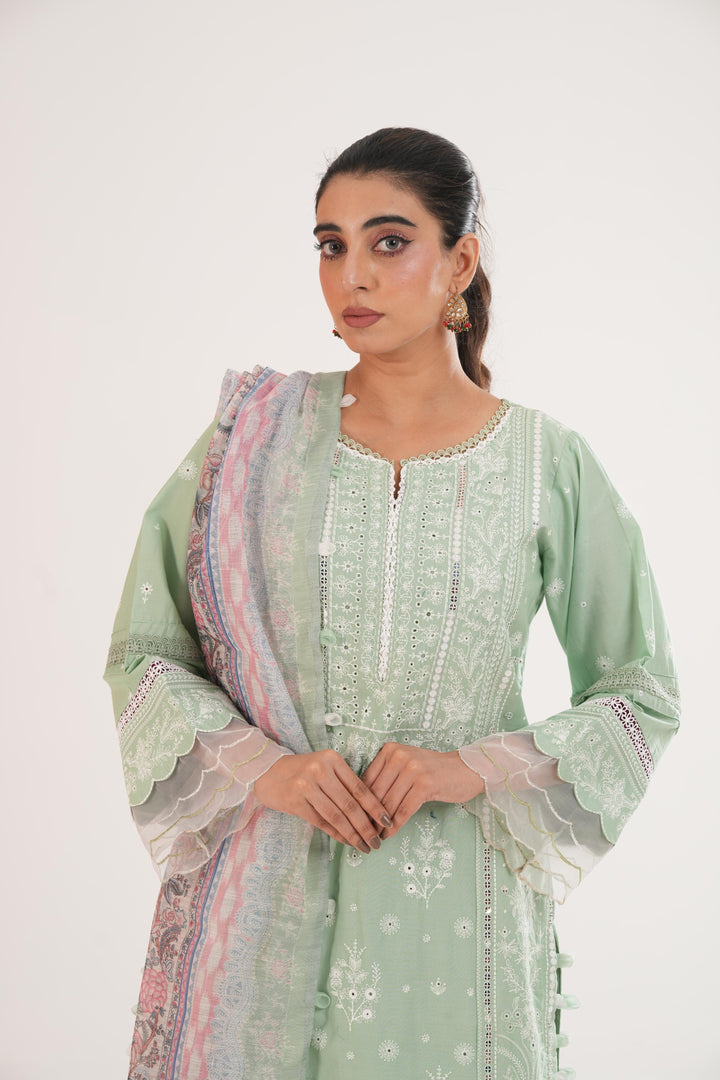 Embroidered Lawn Green Stitched Suit - Zellbury