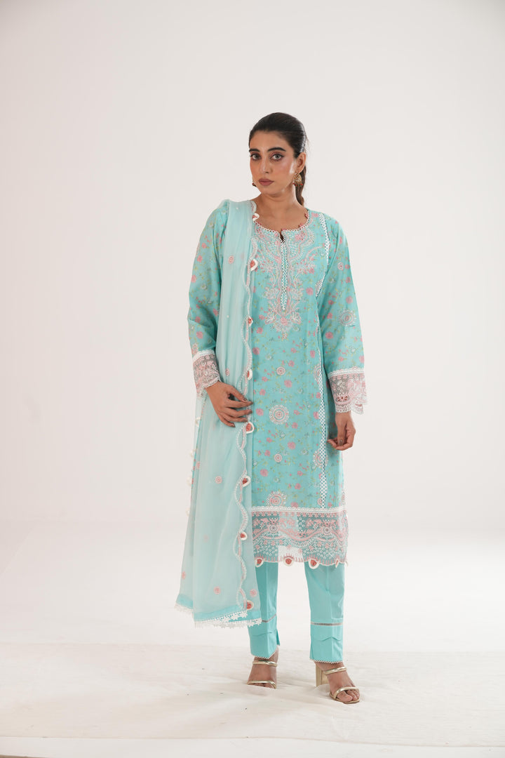Embroidered Lawn Aqua Stitched Suit - Zellbury