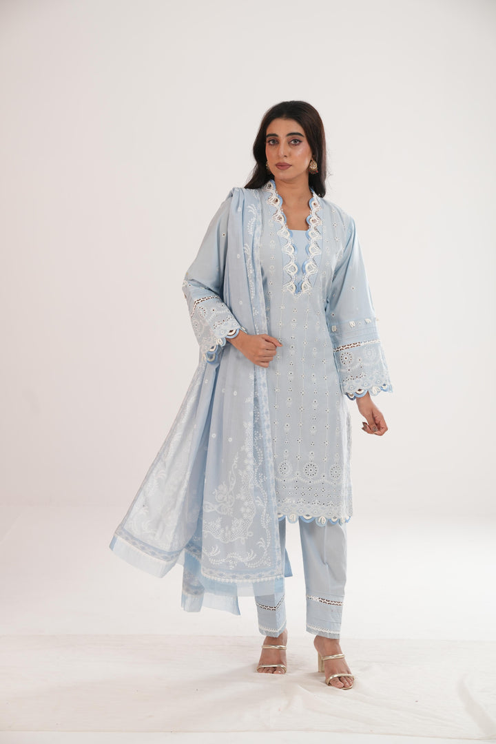 Embroidered Lawn Grey Stitched Suit - Zellbury