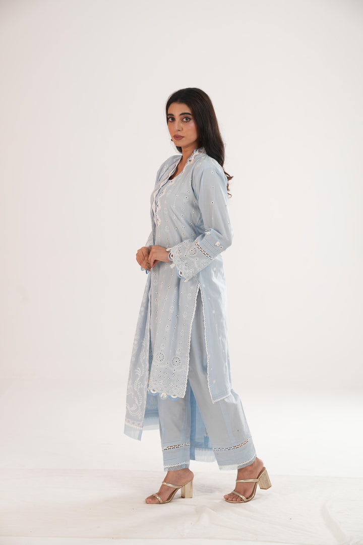 Embroidered Lawn Grey Stitched Suit - Zellbury